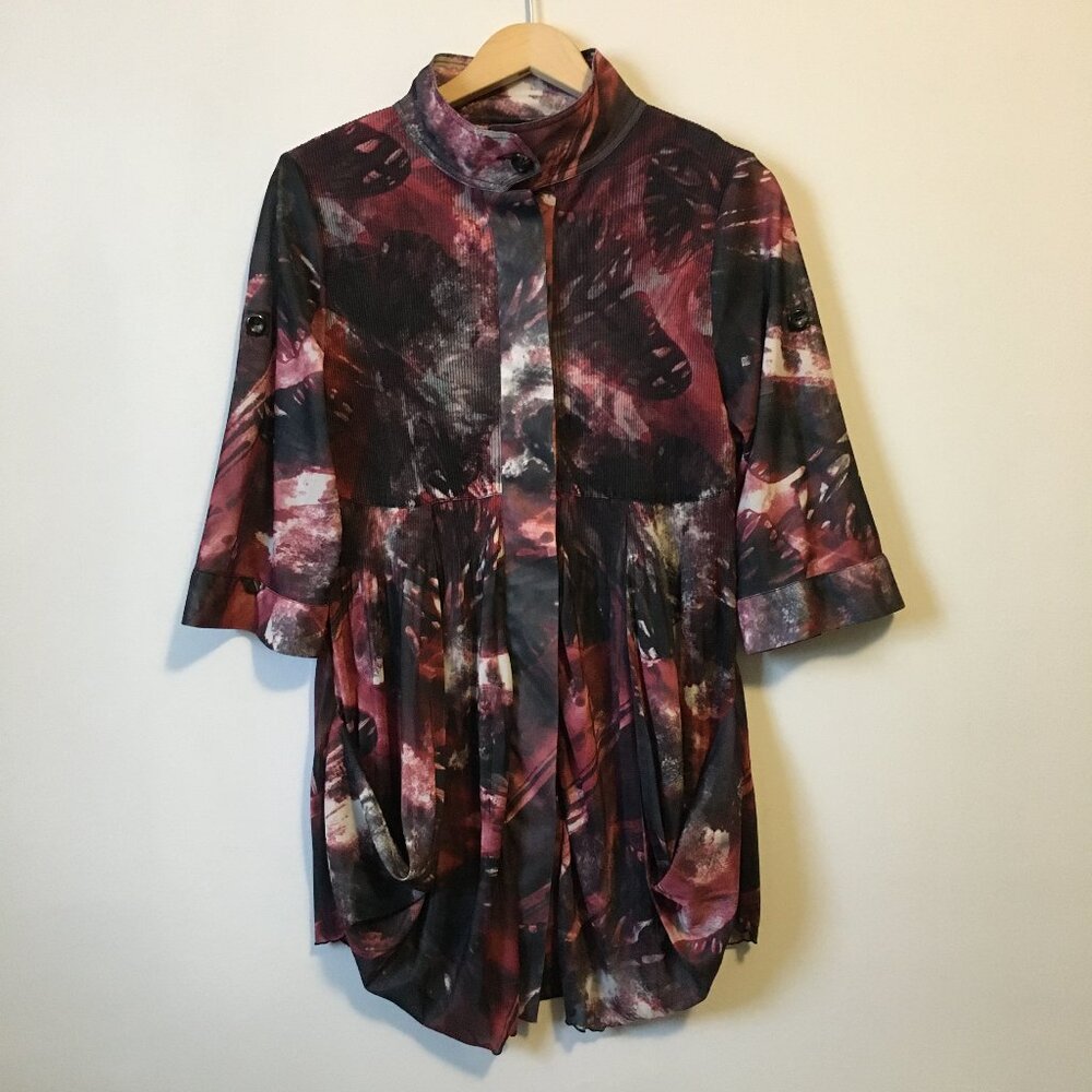 Intergalactic Butterfly Bellissima Banded Mock Collar Button Down Tunic Dress S